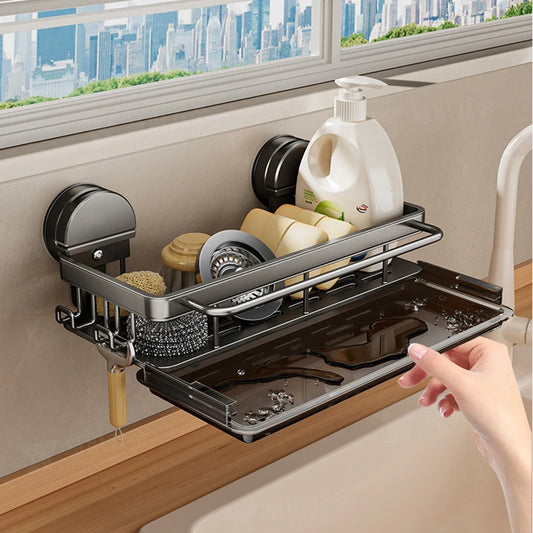 AOBT No-Drill Kitchen Sink Storage Rack Suction Cup Cloth Draining Rack Multifunctional Wall-Mounted Sink Shelf Utensils Dishes