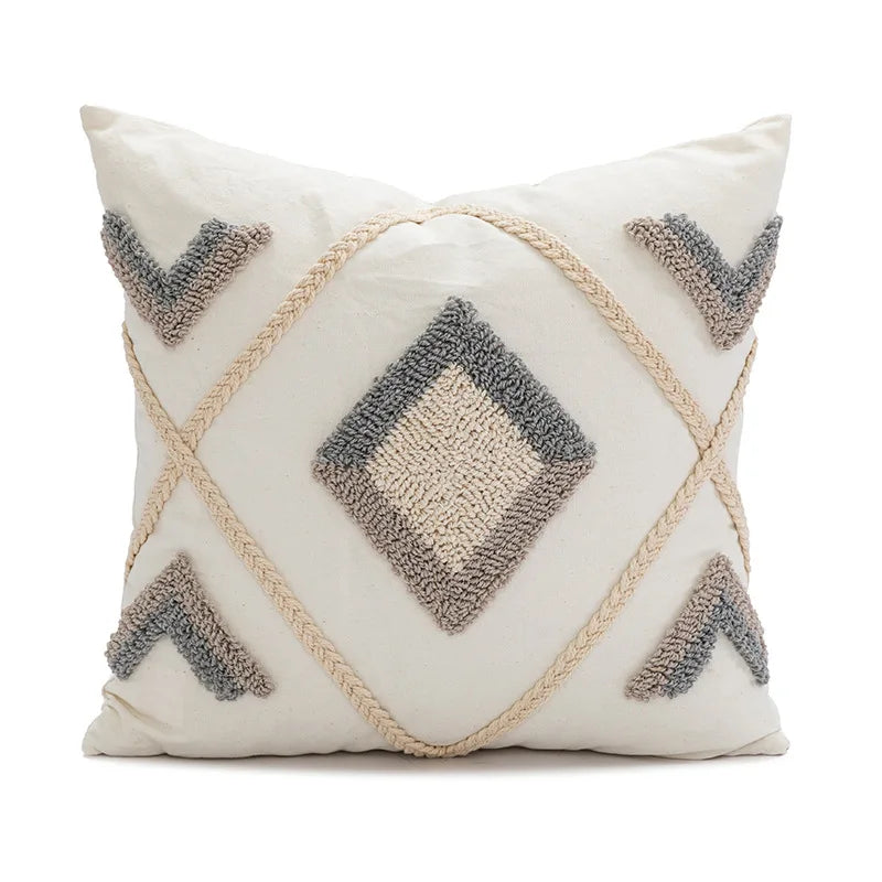 Grey and White Geometric Tufted Cushion Cover Bohemian Tassel Pillow Covers Decorative Light Luxury Cushion Cover Home Decor