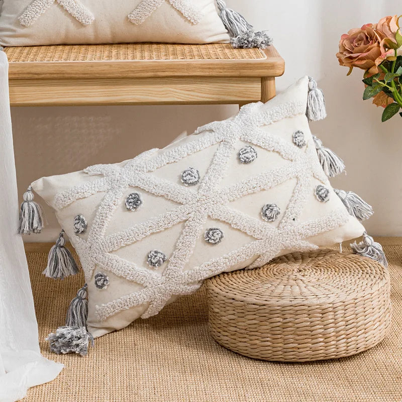 Grey and White Geometric Tufted Cushion Cover Bohemian Tassel Pillow Covers Decorative Light Luxury Cushion Cover Home Decor
