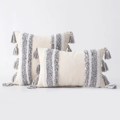 Grey and White Geometric Tufted Cushion Cover Bohemian Tassel Pillow Covers Decorative Light Luxury Cushion Cover Home Decor